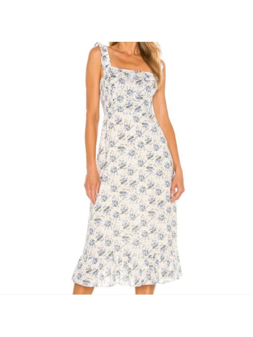 Heartloom Denis Floral Square-Neck Midi Dress in Cream and Blue Size S, NWT